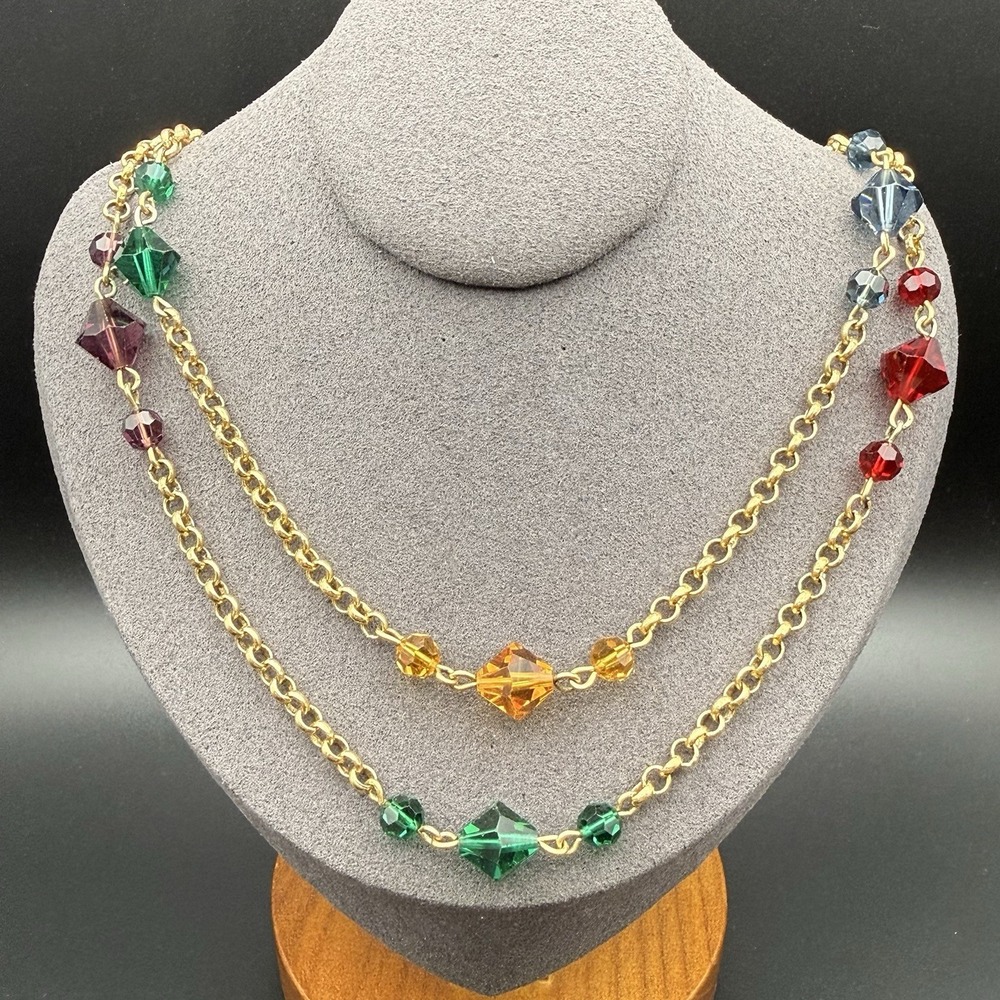 Vintage Napier Multicolor Faceted Crystal Station Necklace 42" Gold Tone Chain